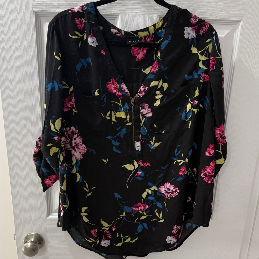 Torrid Black Blouse with Pink and Blue Floral Design